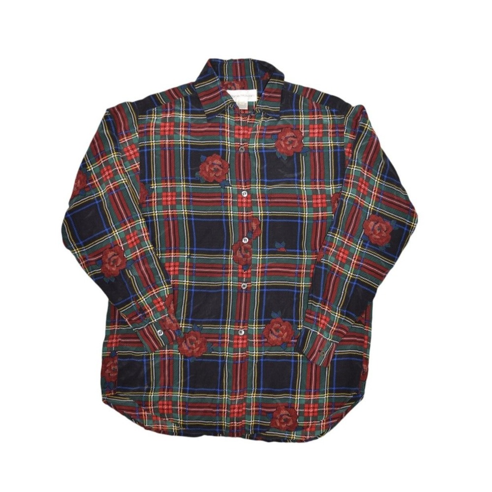 Rena Rowan Blouse Womens 8 M 100% Silk Shirt Plaid Floral Button Up Long Sleeve